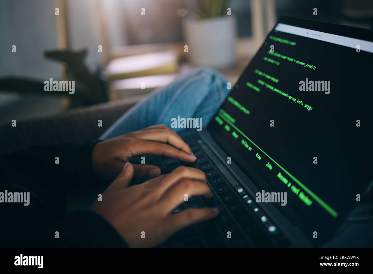 Developer hands, code overlay and laptop typing with cybersecurity, hacker and data analysis. Person, programmer and computer work with firewall Stock Photo