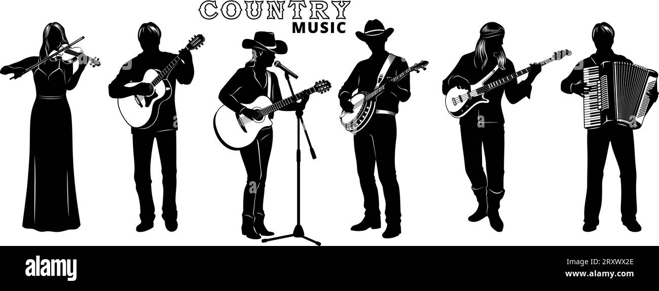 Country Band Silhouettes Set. Singer girl with acoustic guitar, banjo man, bass guitarist, accordionist, violin player. Microphone with stand is the s Stock Vector