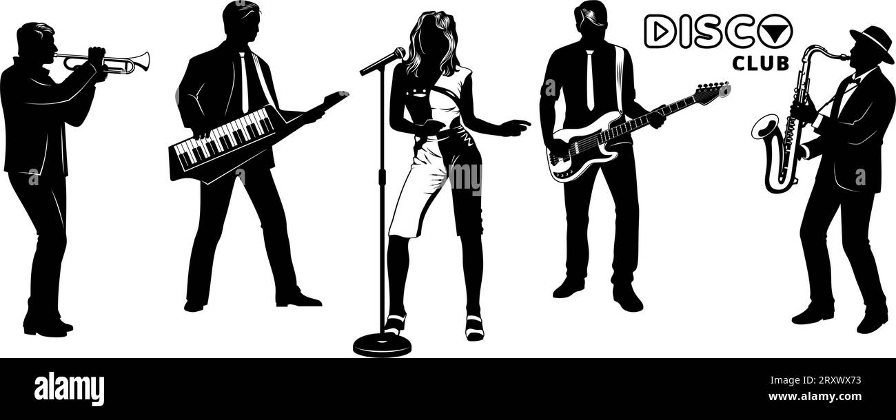 Disco Musicians Silhouettes Set. Girl singing, men playing on trumpet, keytar, electric guitar, saxophone. Microphone with stand is the separate objec Stock Vector