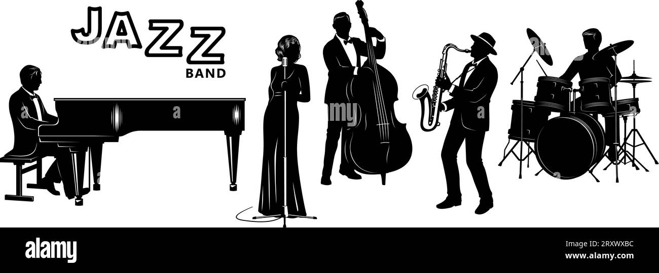 Jazz Band Silhouettes Set. Pianist, Singer, Double Bassist, Saxophonist, Drummer. Vector cliparts. Stock Vector