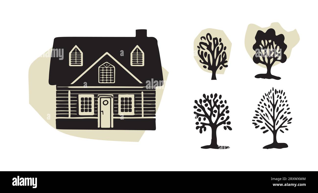 Whimsical forest tree with building design collection vector organic ...