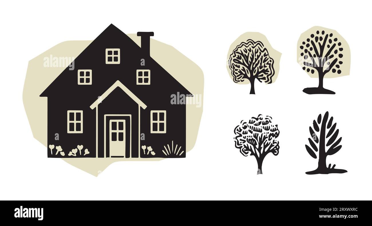 Whimsical forest tree with building design collection vector organic ...