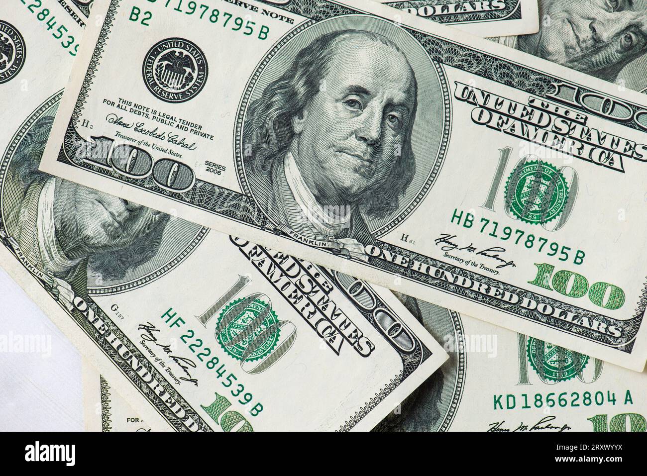 The pattern of American USD $100 dollars banknote bills on the white background Stock Photo