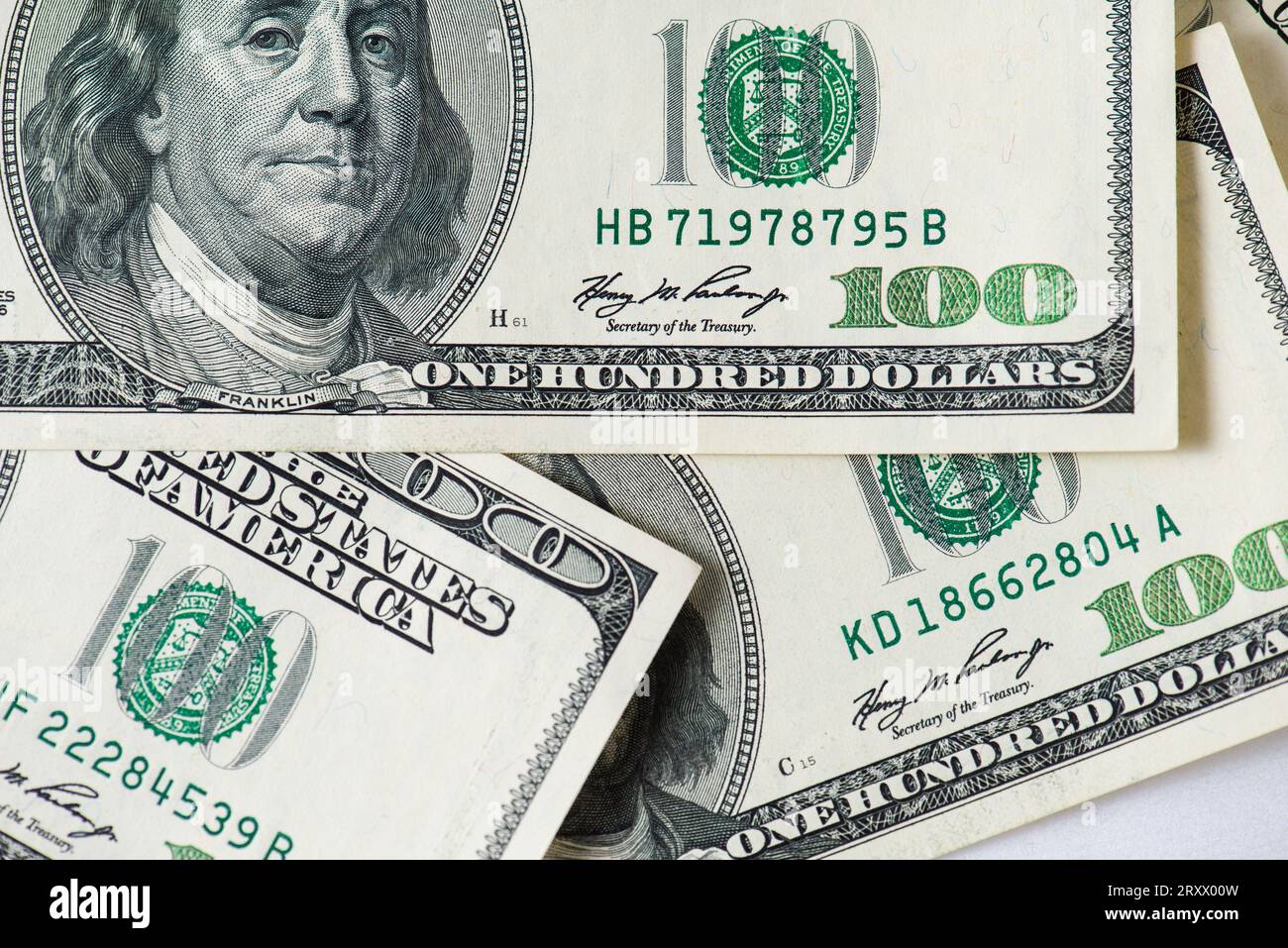 The pattern of American USD $100 dollars banknote bills on the white background Stock Photo