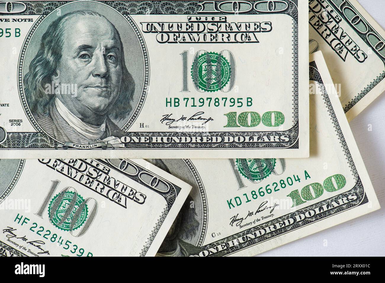 The pattern of American USD $100 dollars banknote bills on the white background Stock Photo