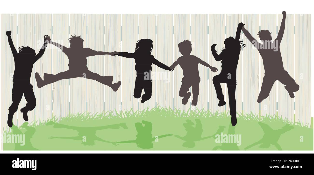 A group of children jumping happily together,  illustration Stock Vector