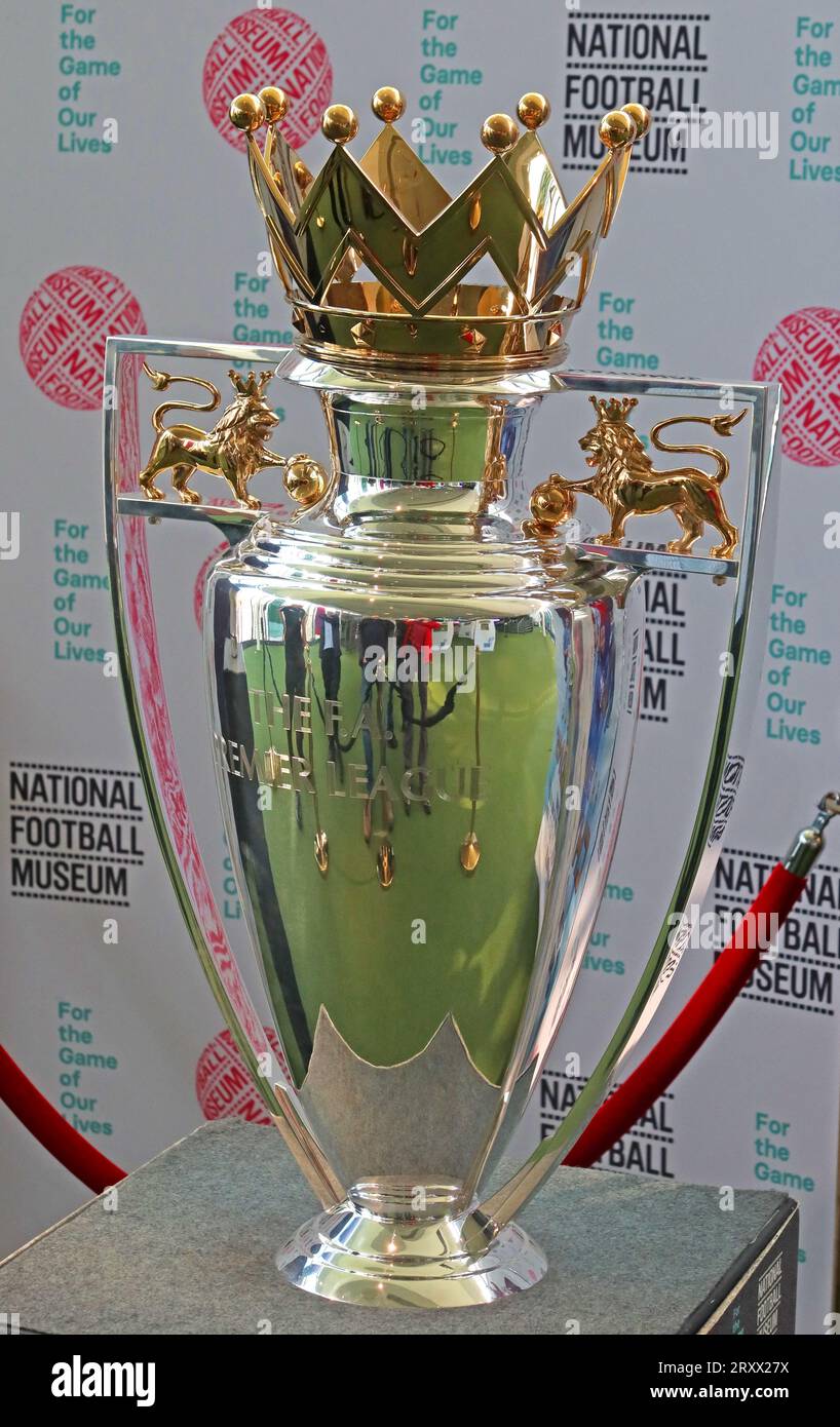 UK English Premier League trophy, two lions and a crown (the third lion) replica at the National Football Museum, Manchester, M4 3BG Stock Photo