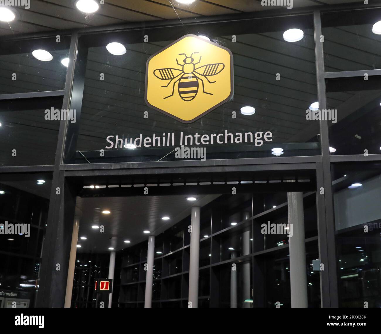 Manchester Bee Network logo branding, bus station at night, Shudehill, Manchester, England, UK, M4 2AF Stock Photo