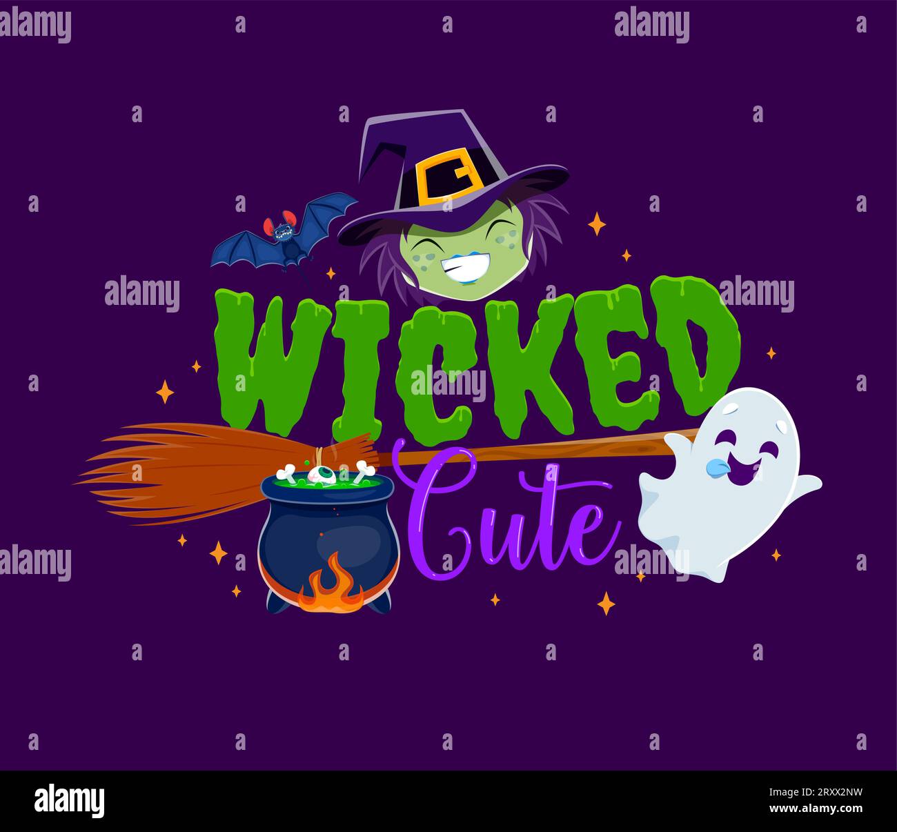 Wicked cute, Halloween quote. Cartoon witch with cauldron, broom and ghost. Vector funny lettering phrase with laughing hag face, bat, adorable spook and pot with green brew, festive holiday art Stock Vector
