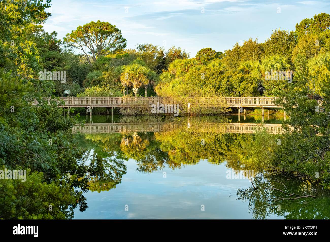 Sunrise view of the lakeside boardwalk with various birdhouses at Bird Island Park in Ponte Vedra Beach, Florida. (USA) Stock Photo