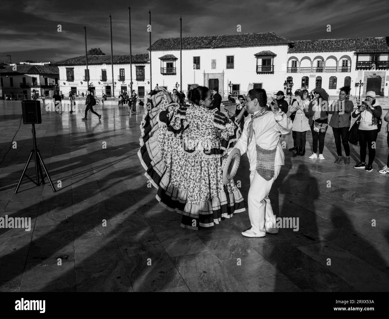Traditional folcloric dancers in a public show. Tunja main square, Boyacá, Colombia. Stock Photo