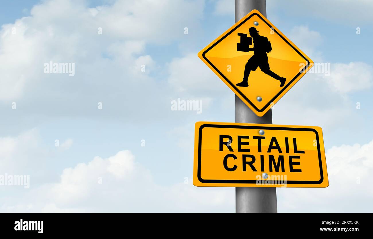 Retail crime theft problem robbing and shoplifting stores business concept of a shoplifter stealing merchandise from a retailer as a thief committing Stock Photo