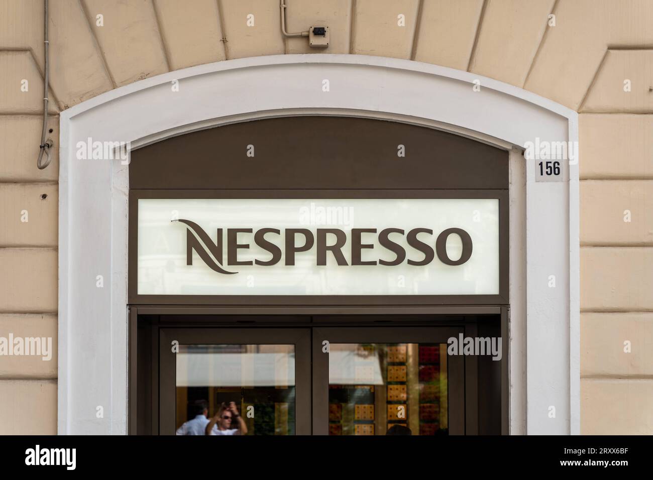 Bari, Italy - 22 September 2023: Nespresso logo on the facade of a store *** Nespresso Logo an der Fassade von einem Geschäft Stock Photo