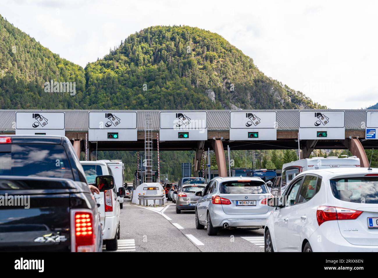 Italy - 23 September 2023: Traffic jam at the toll station in Italy. Vehicles waiting for the payment of the highway toll *** Stau an der Mautstation in Italien. Fahrzeuge warten auf die bezahlung von der Autobahn Maut Stock Photo