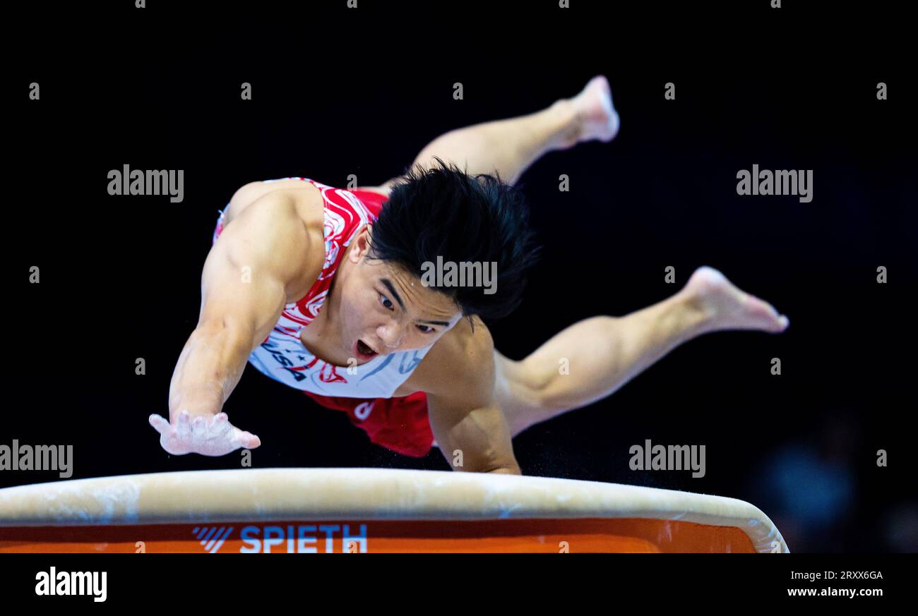 Antwerp, Belgium. 27th Sep, 2023. Asher Hong (USA) in action during the official podium training at the World Gymnastics Championships in the Antwerp Sportpalace. Credit: Iris van den Broek / Alamy Live News Stock Photo
