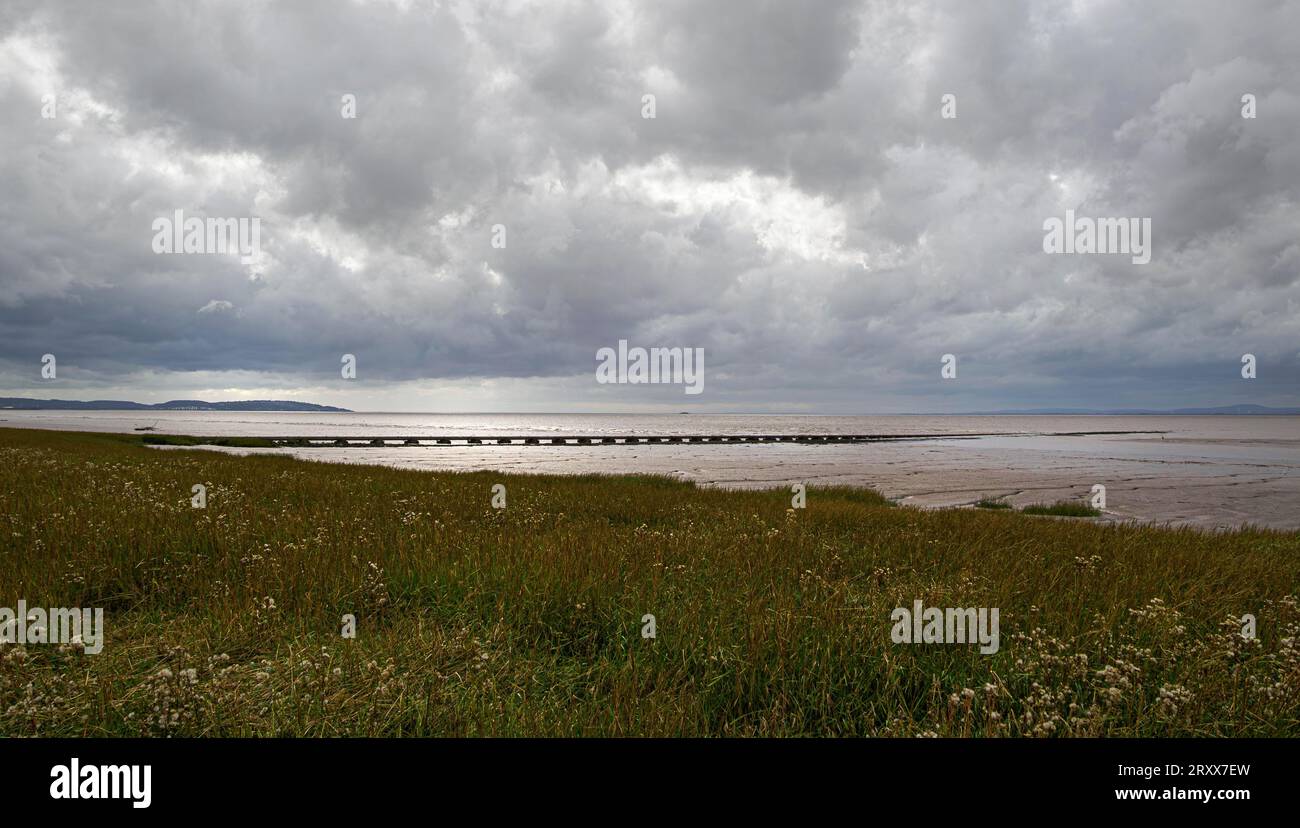 The Severn Estuary at Severn Beach Gloucestershire UK looking across to South Wales on a cloudy day Stock Photo