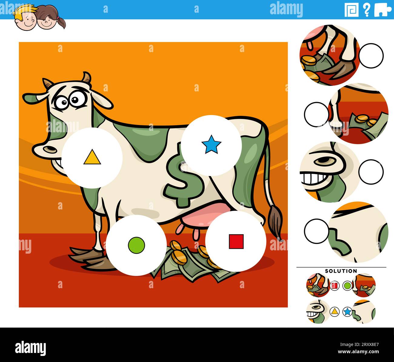 Cartoon illustration of educational match the pieces jigsaw puzzle game
