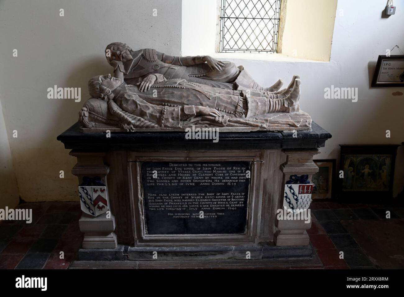 The tomb chest of John Fagge and his son, also named John, dominate the Lady Chapel of St Eanswith Church, Brenzett, Romney Marsh. It dates from 1639. Stock Photo