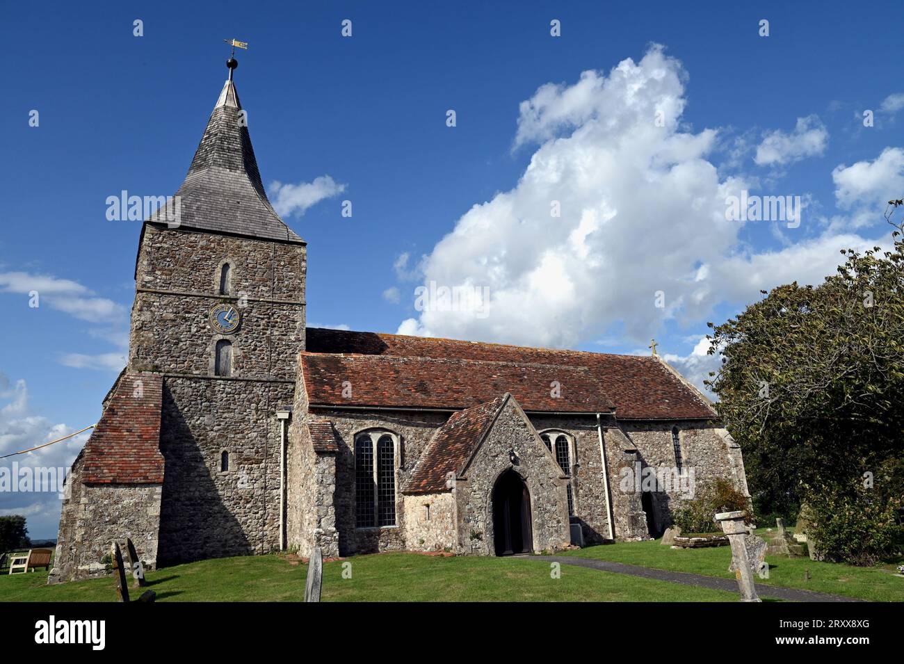 The church of St Mary the Virgin, St Mary in the Marsh, Romney Marsh, Kent. E Nisbet, the children's author, is buried and commemorated there. Stock Photo