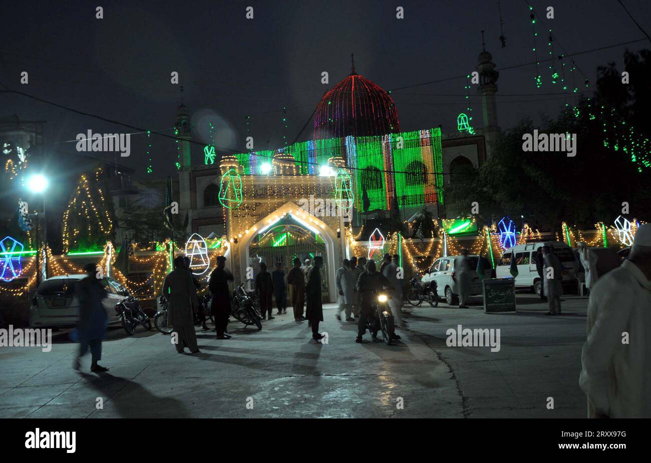 A beautiful illuminated view of Mosque in connection of 12th Rabi-ul-Awwal, the birthday anniversary of Holy Prophet Muhammad (PBUH) coming ahead, in Hyderabad on Wednesday, September 27, 2023. Stock Photo