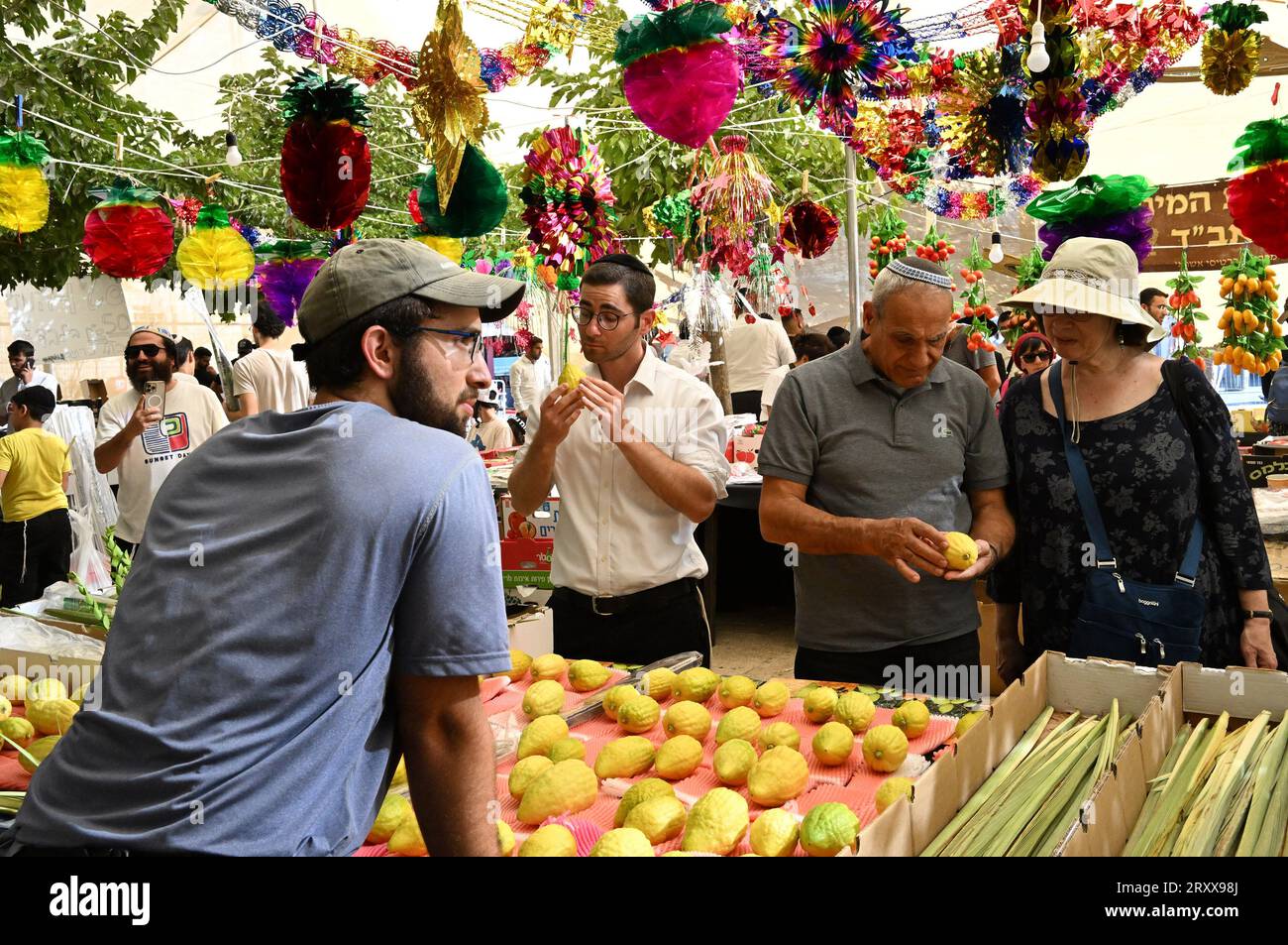 Jews inspect an etrog, a citron, one of the four species used during the Jewish holiday of Sukkot, the Feast of the Tabernacles, in a market in Jerusalem, on Wednesday, September 27, 2023. The Sukkot feast commemorates the Israelites exodus from Egypt and begins at sunset September 29 and ends October 6. Photo by Debbie Hill/ UPI Stock Photo