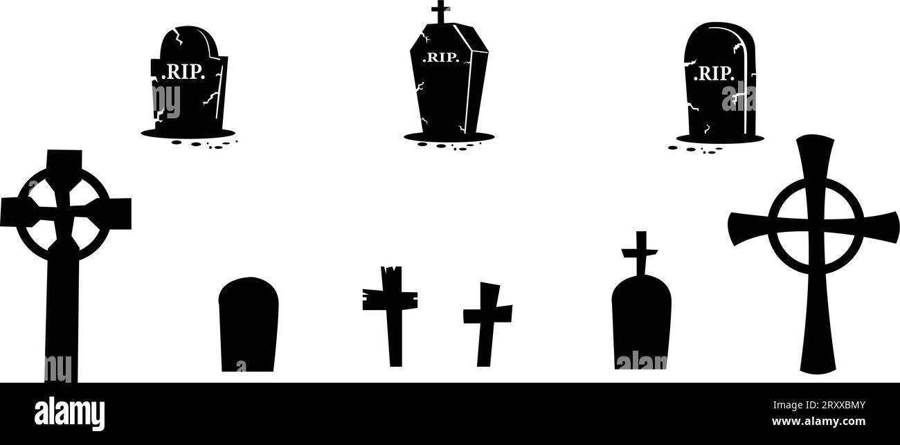 Creepy Halloween Graveyard Headstones Coffins Trees Fences Zombies silhouettes Stock Vector
