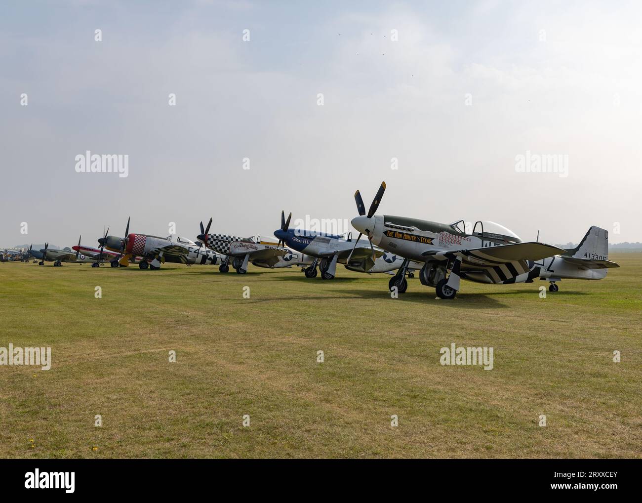 Three P-51D Mustang fighters at the 2023 Battle of Britain Air Show at the IWM Duxford Stock Photo