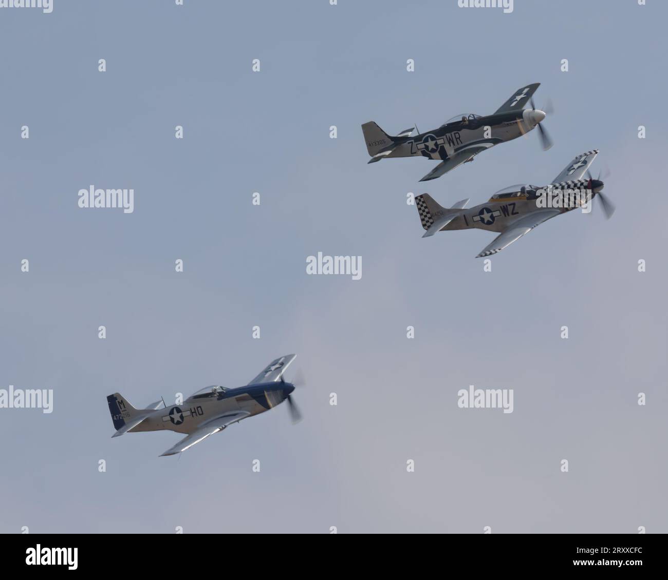 Three P-51D Mustang fighters at the 2023 Battle of Britain Air Show at the IWM Duxford Stock Photo