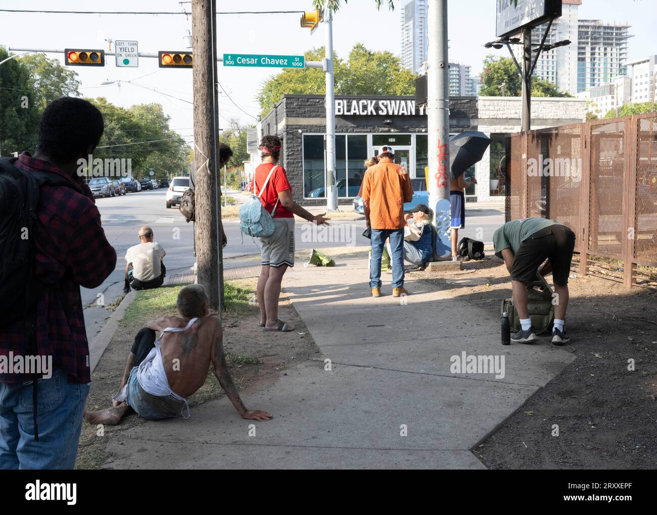 Austin Texas USA, August 31 2023: Men experiencing homelessness on the ...