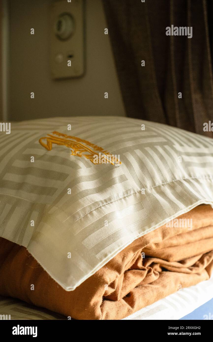 Pillow and bedding provided on the sleeper train from Hanoi to Hué