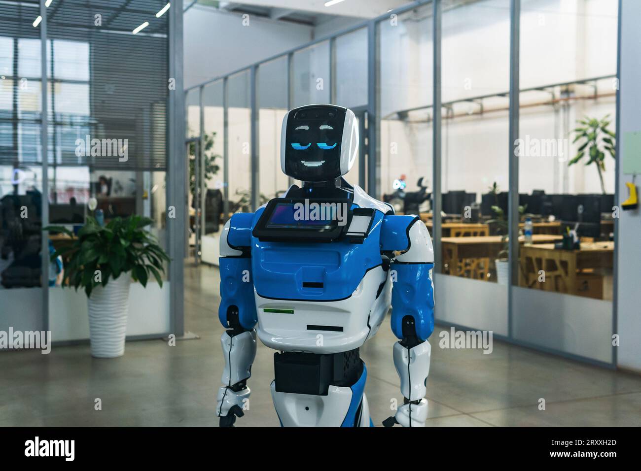 Perm, Russia - July 13, 2023: humanoid robot with a sly smile in the ...