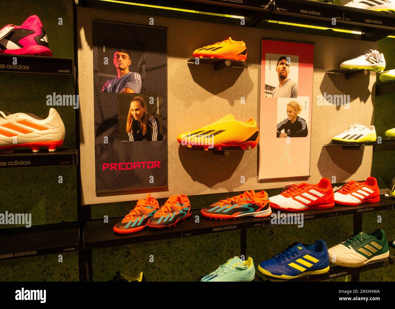 Adidas Predator football boots store display featuring Spanish International footballer, Irene Guerrero Stock Photo
