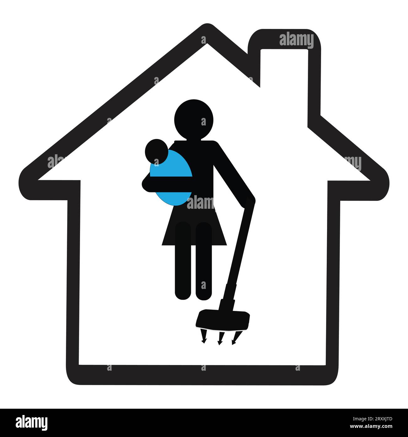 Symbol of a house with the silhouette of a woman holding a baby and using a vaccum cleaner Stock Vector