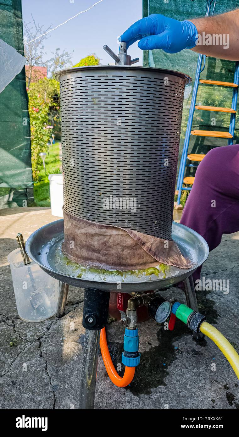 The process of making homemade grape wine. The operation of a hydraulic press to obtain grape