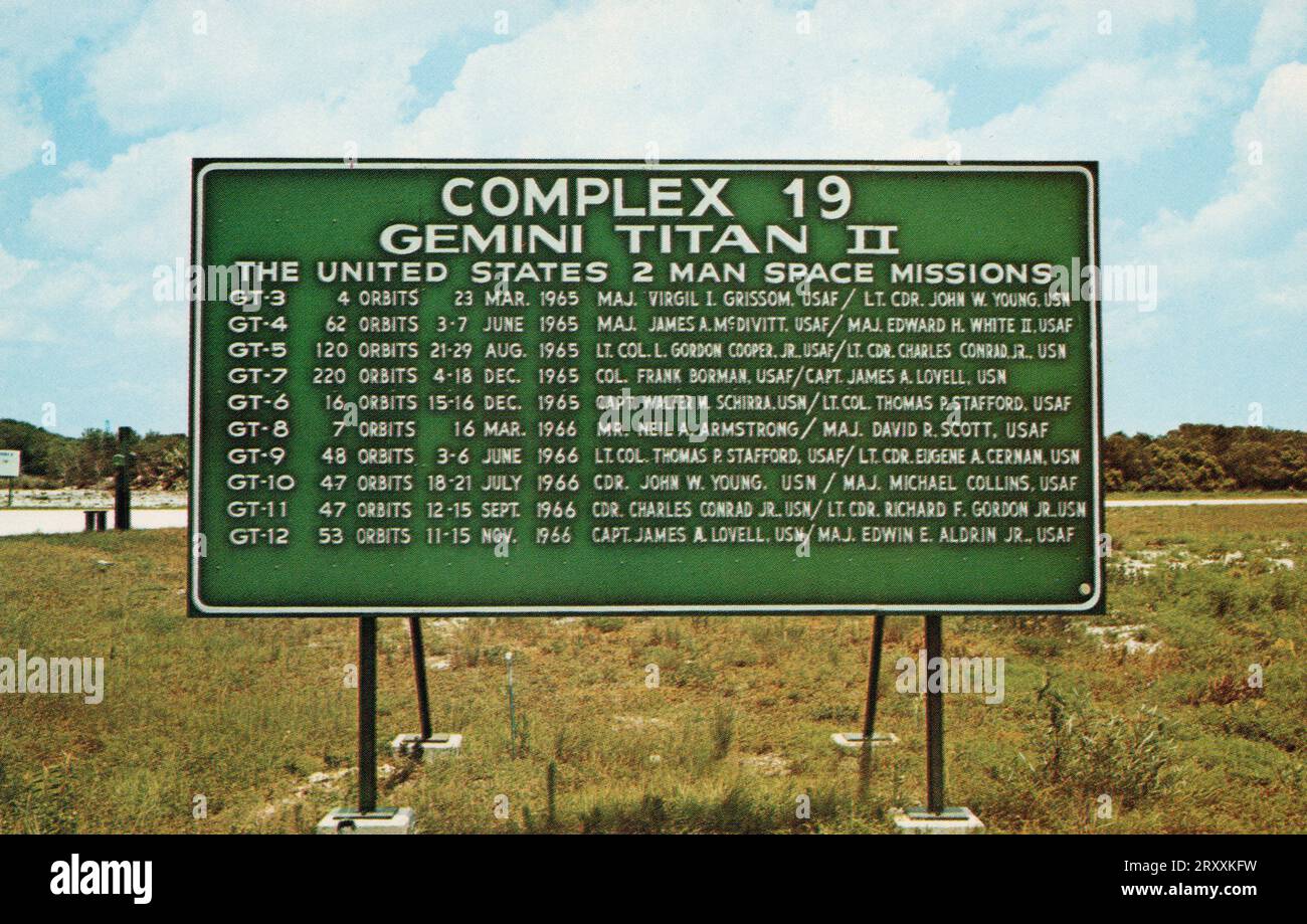 Sign of Gemini Titan II Space Missions, Complex 19, Kennedy Space Center FL, approx late 1970s lithograph postcard. Stock Photo