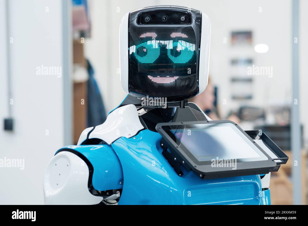 Perm, Russia - July 13, 2023: friendly humanoid robot guide expressing ...