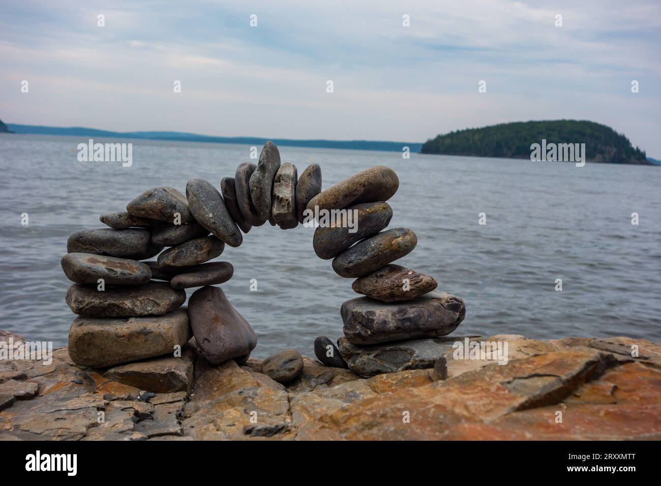 Arch made out of rocks found on the beach of Bar Harbor, Maine Stock Photo