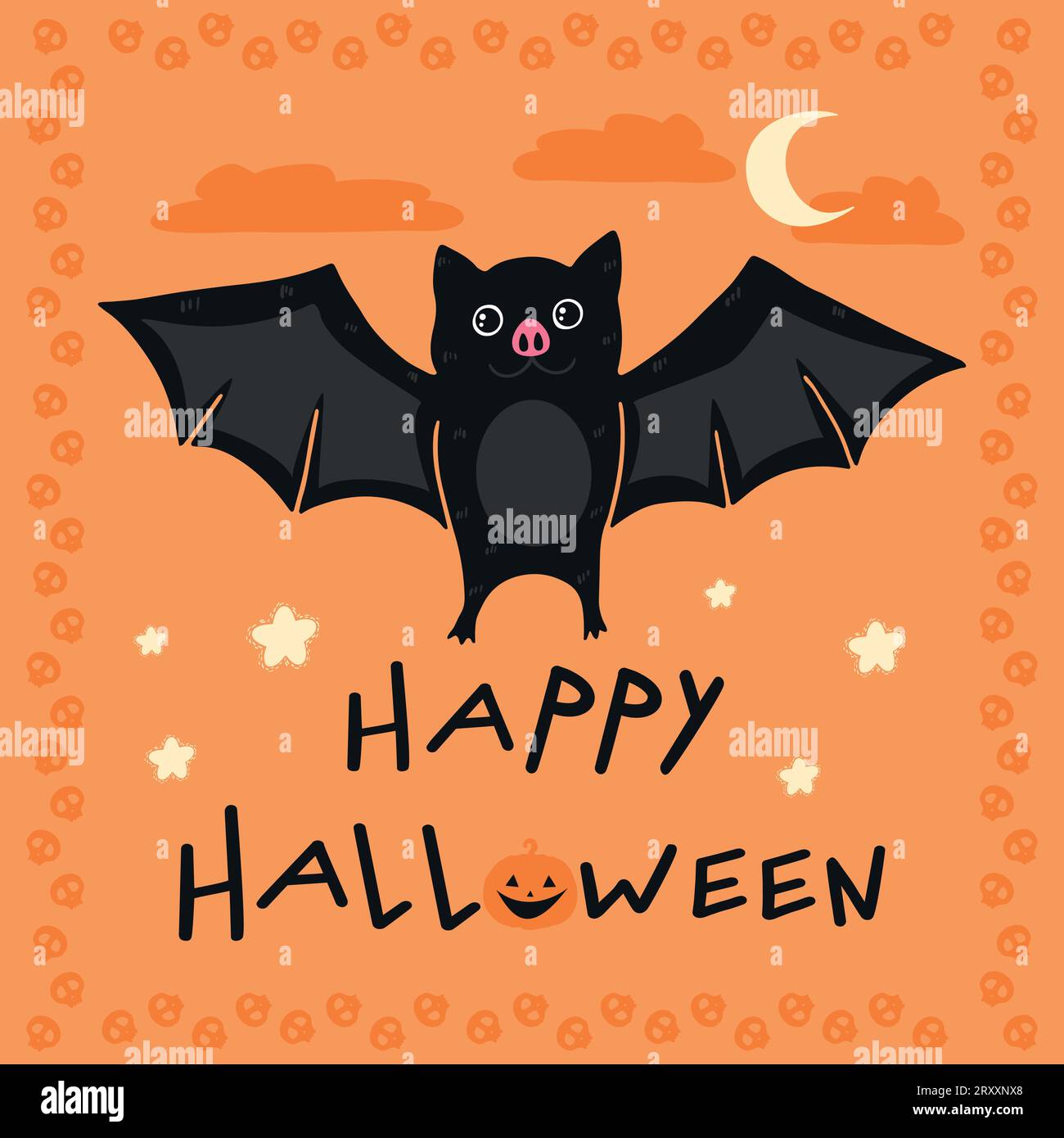 Halloween greeting card with a cute bat and hand drawn letters. Frame of skulls. Vector illustration Stock Vector
