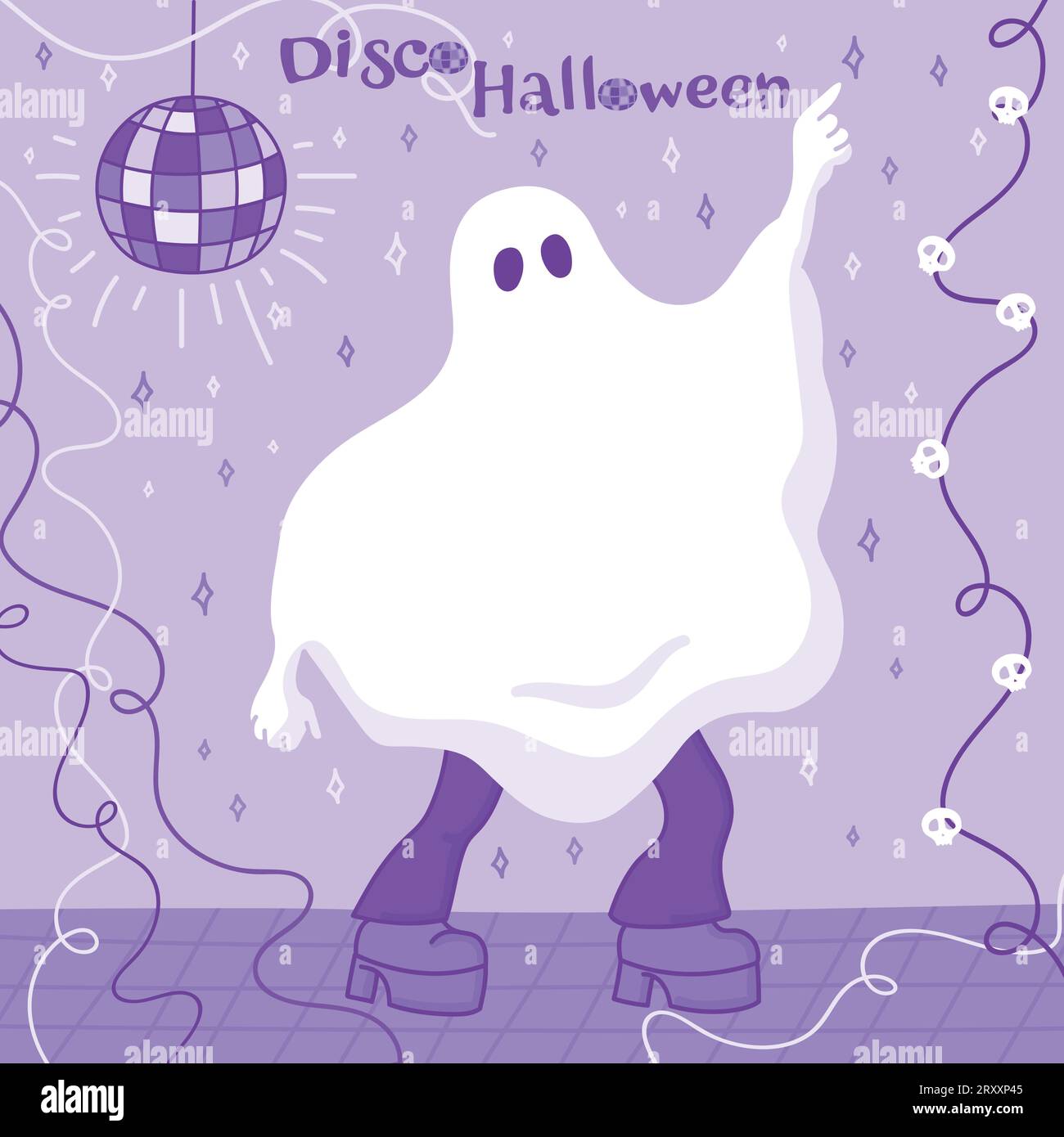 Ghost dancing Disco. Stylish Ghost on a dance floor with festive garlands and disco ball. Disco Halloween. Vector illustration Stock Vector