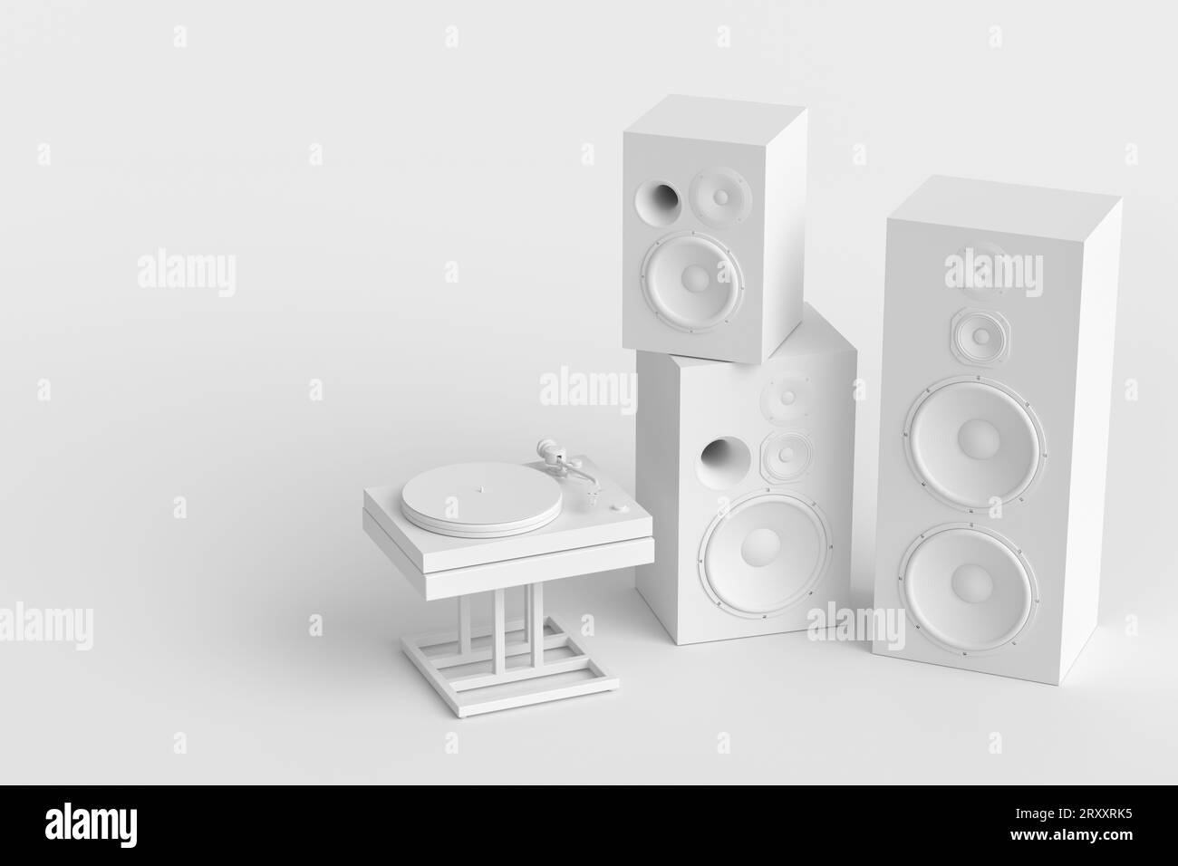 Set of Hifi speakers with loudspeakers and DJ turntable on monochrome