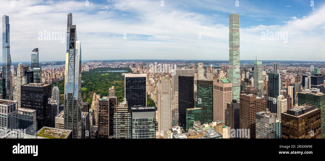 MIDTOWN MANHATTAN, NEW YORK, USA, - SEPTEMBER 15, 2023.  An aerial panoramic view of the buildings and skyscrapers surrounding Central Park in Midtown Stock Photo