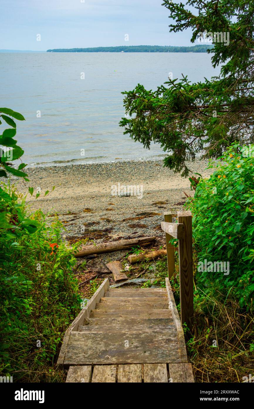 Stairs to the beach in Surry, Maine Stock Photo Alamy