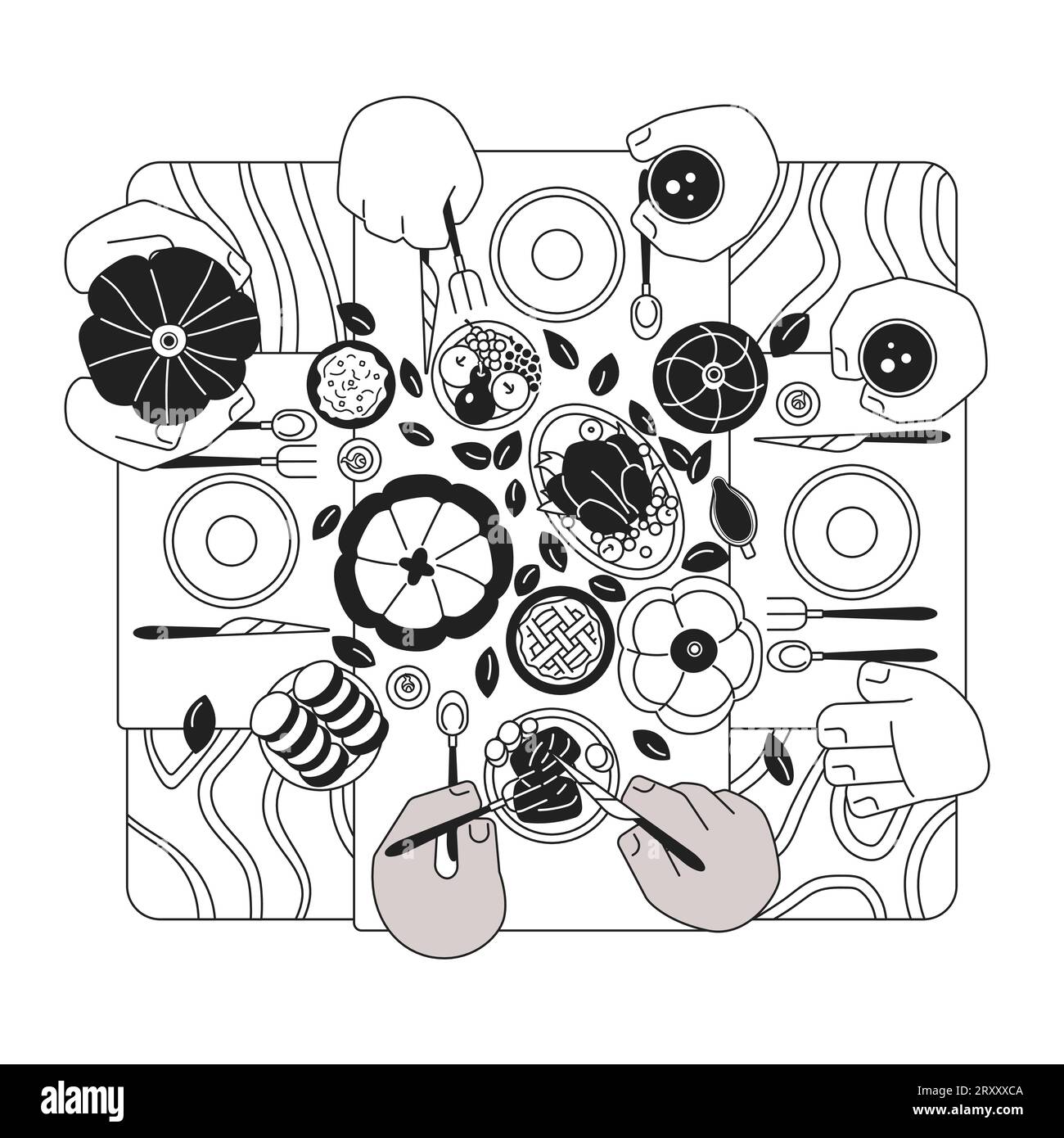 Thanksgiving table family black and white cartoon flat illustration