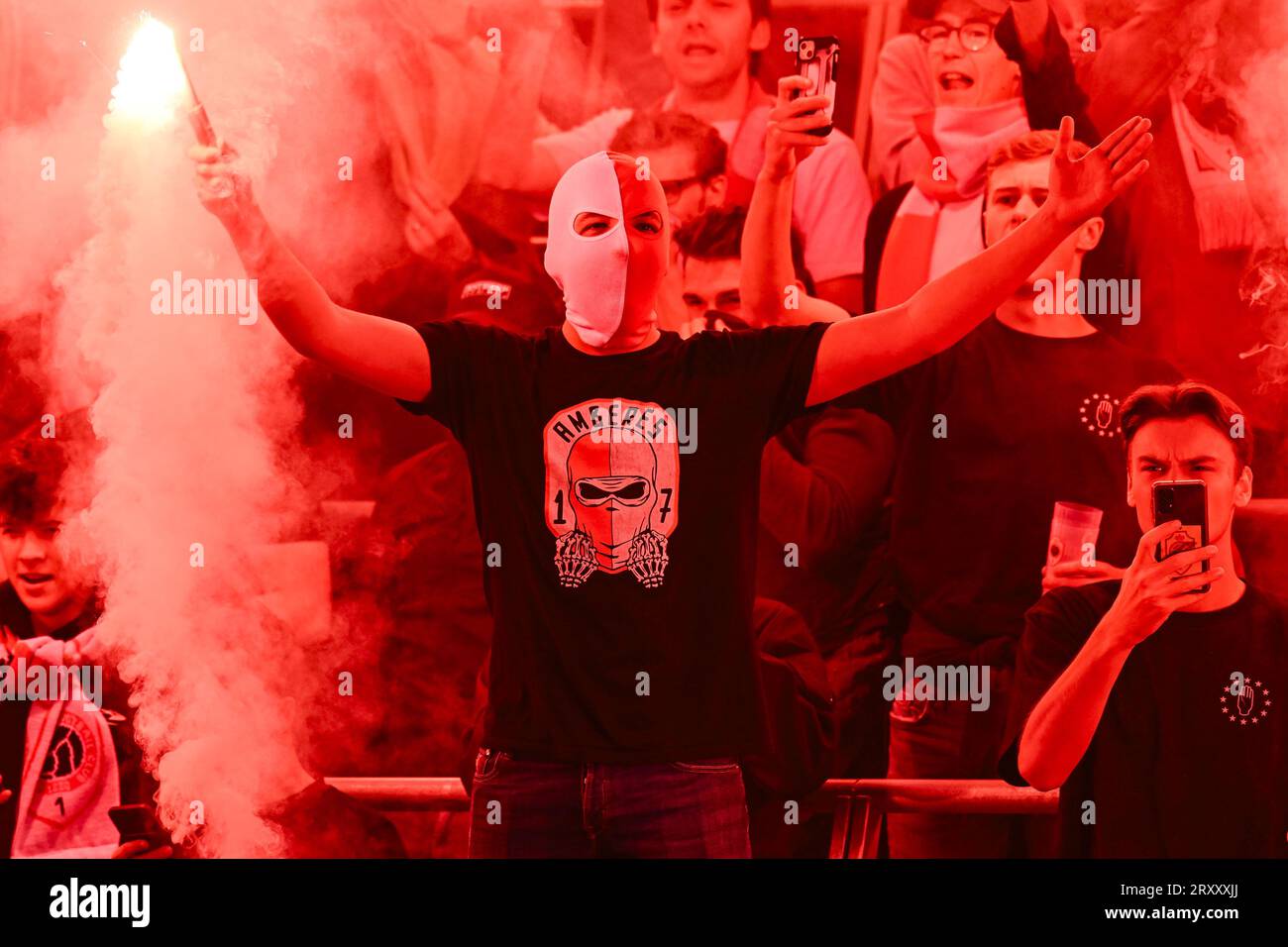 Antwerp's supporters pictured before a soccer match between Royal Antwerp FC and KAA Gent, a postponed match of day 05 of the 2023-2024 season of the 'Jupiler Pro League' first division of the Belgian championship, in Antwerp Wednesday 27 September 2023. BELGA PHOTO TOM GOYVAERTS Stock Photo
