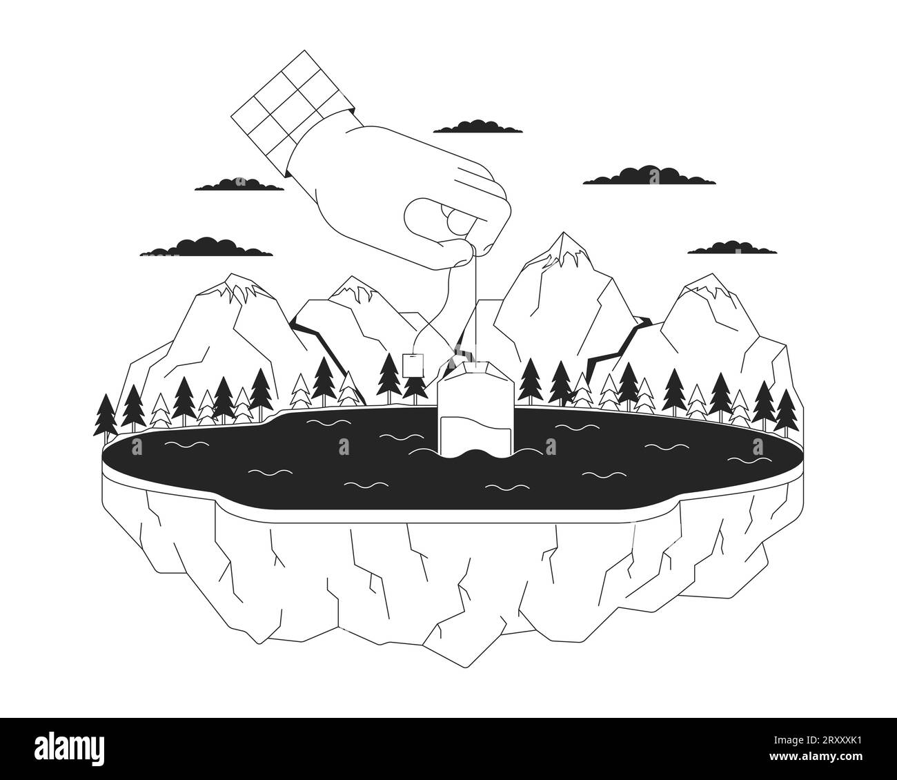 Steeping teabag into mountain lake black and white 2D illustration