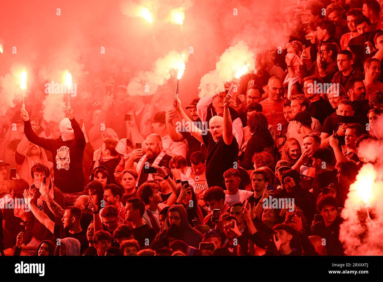 Antwerp's supporters pictured before a soccer match between Royal Antwerp FC and KAA Gent, a postponed match of day 05 of the 2023-2024 season of the 'Jupiler Pro League' first division of the Belgian championship, in Antwerp Wednesday 27 September 2023. BELGA PHOTO TOM GOYVAERTS Stock Photo