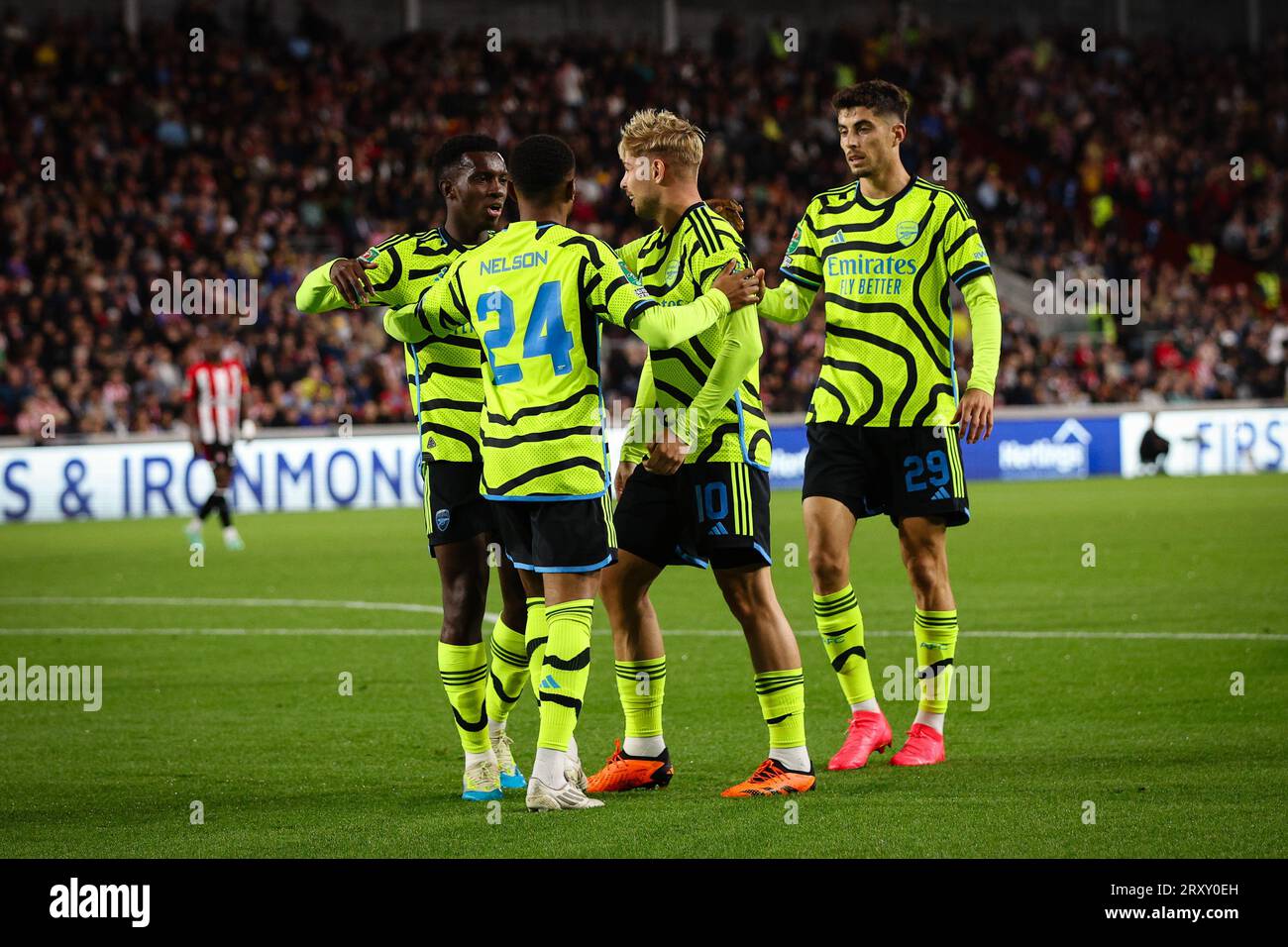 LONDON, UK - 27th Sep 2023:  Reiss Nelson of Arsenal  celebrates scoring the opening goal with team mates during the EFL Cup third round tie between Brentford and Arsenal at the Gtech Community Stadium  (Credit: Craig Mercer/ Alamy Live News) Stock Photo