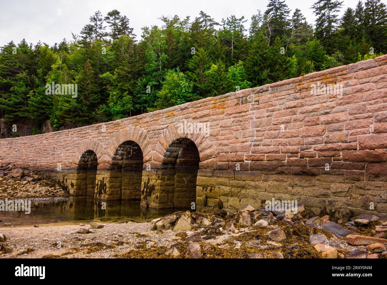Arched bridge in Acadia national Park. Picture taken in the summer on a cloudy day while the tide was low. Stock Photo