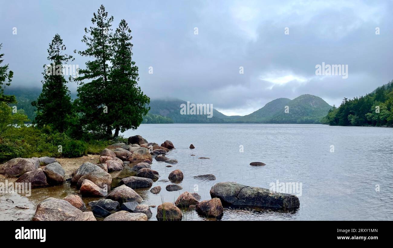 Views seen while hiking around Jordan Pond in Acadia National Park, in Bar Harbor Maine. Pictures taken in the summer on a cloudy, rainy day. Stock Photo