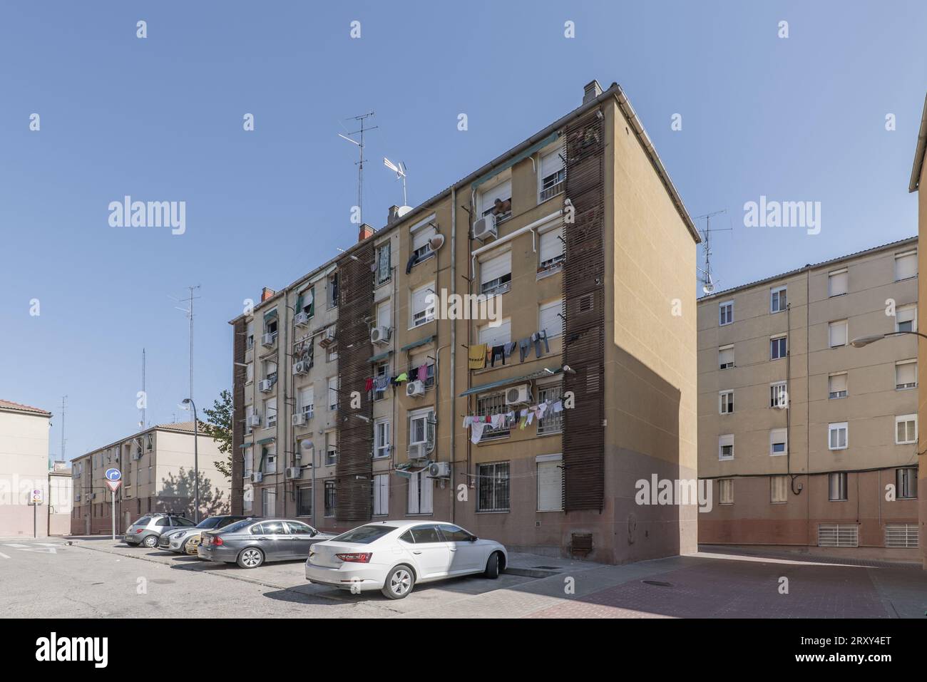 Facades of an urban residential building in a modest neighborhood with ...
